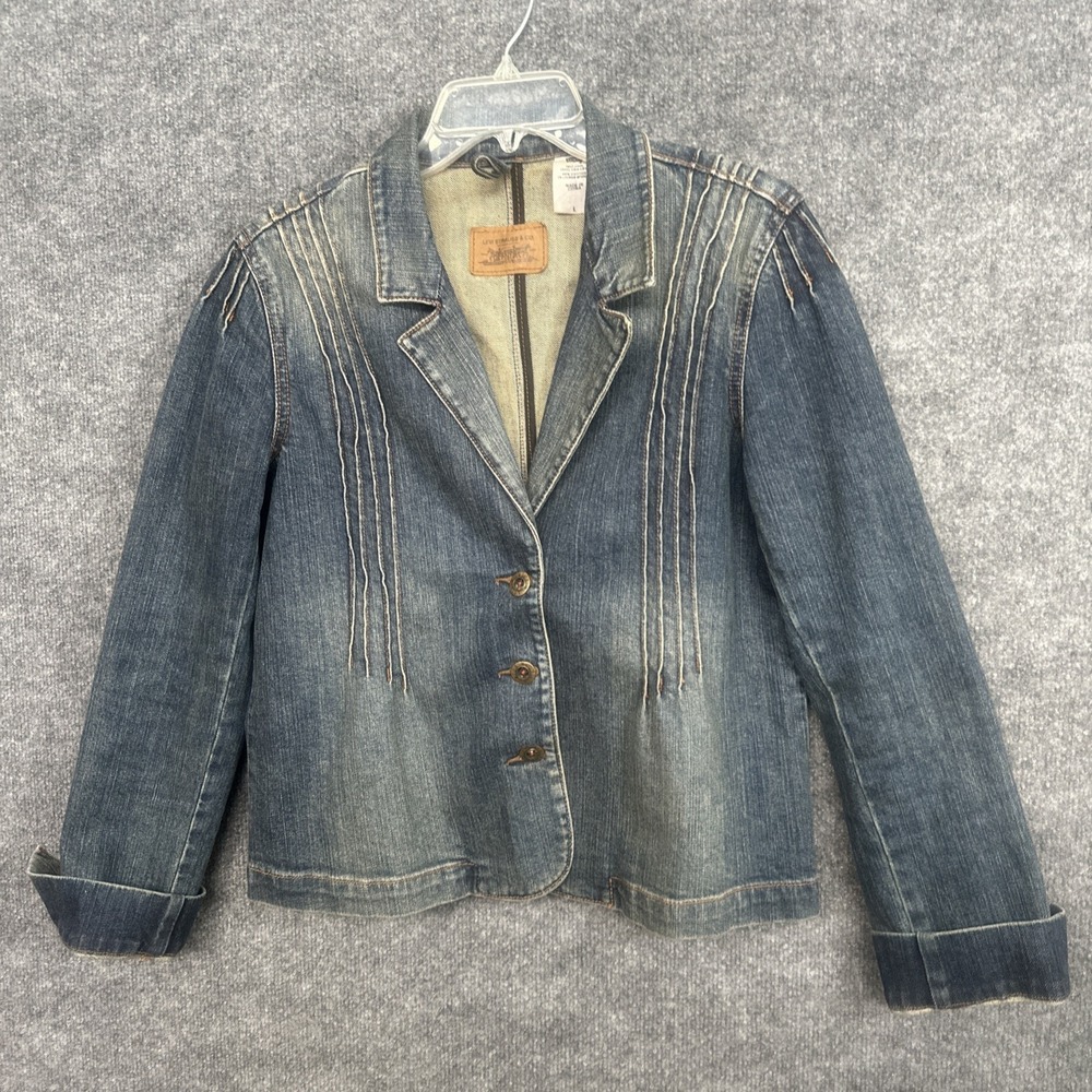 Levi's Womens L Denim Blazer Jacket Pleated Stitch Detail Y2K 2008 Blue 3 Button